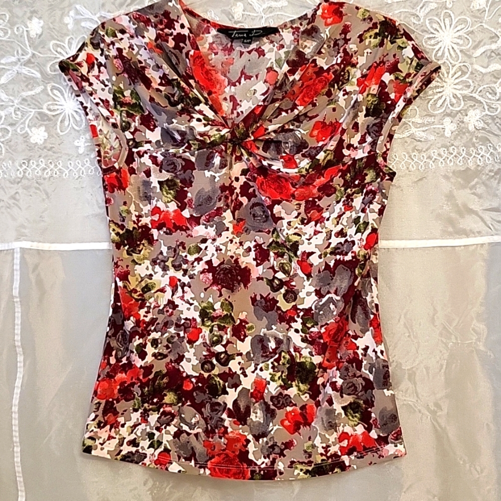Floral Print Cap-Sleeve Blouse, Taupe, Grey & Dark Red, S
